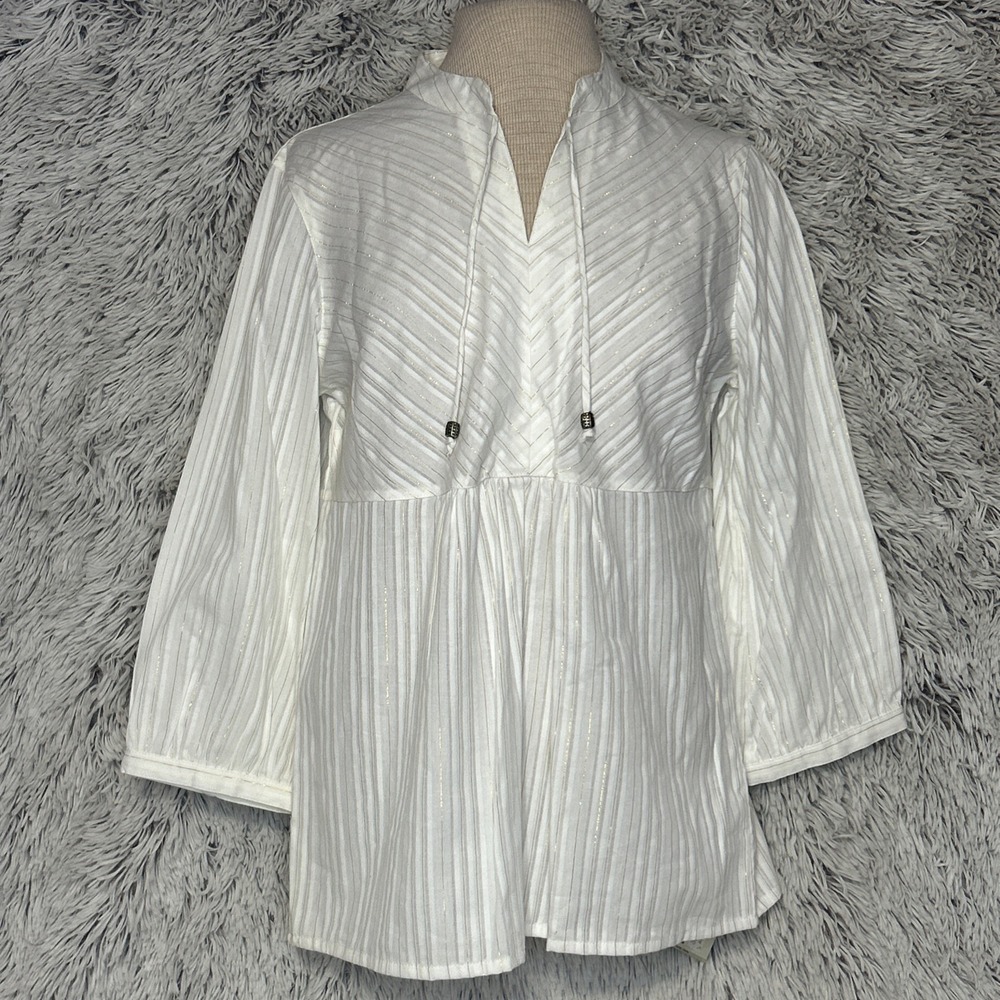 Cream Gold Lurex Tunic Top Small 3/4 Sleeve V Neck Tie Boho Chic Glam Casual NWT